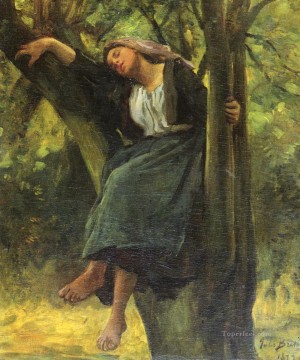  Dos Arte - Francés 1827 Dormido en el bosque campo Realista Jules Breton